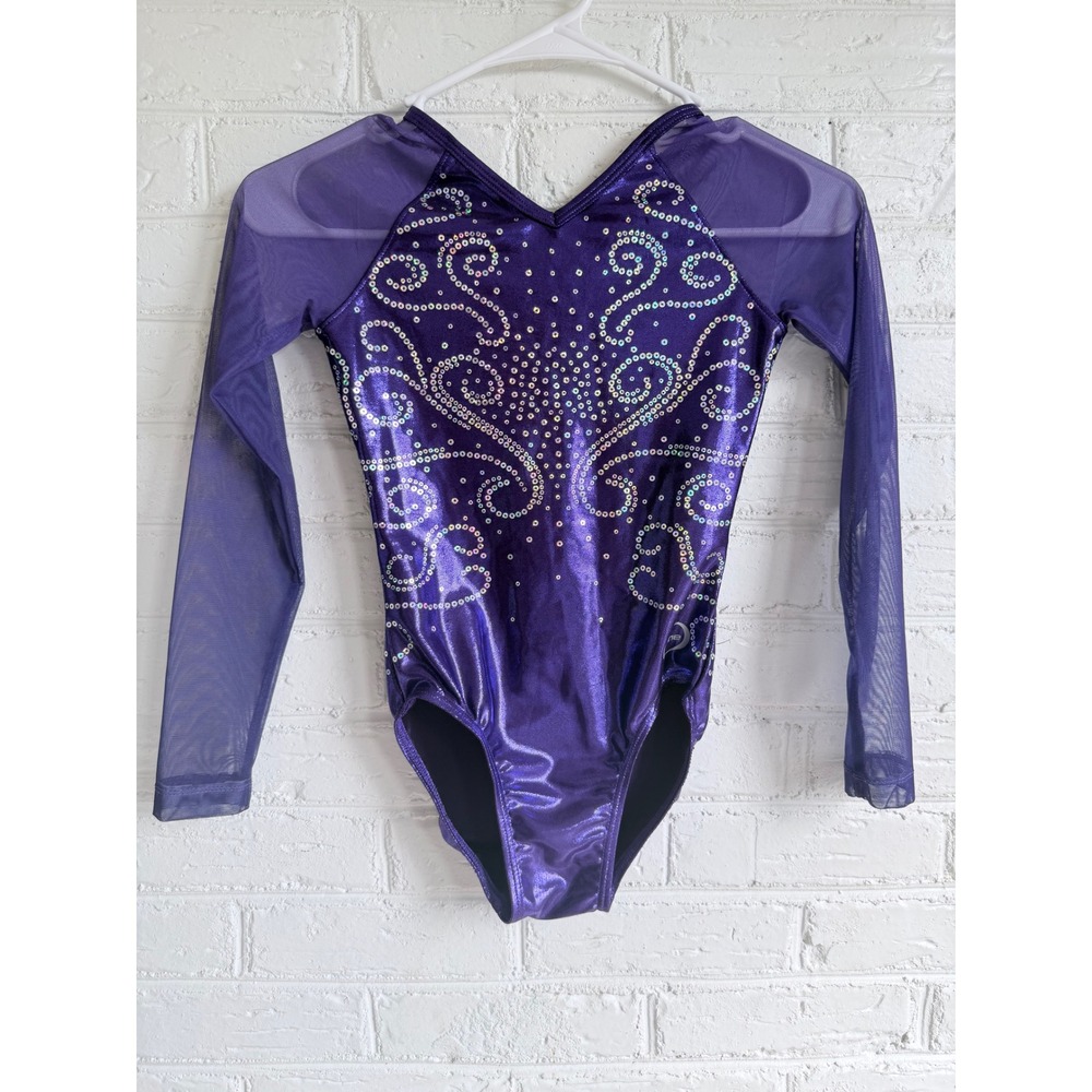 Zone Gymnastics Leotard Purple Metallic Mesh‎ Long Sleeve Kids AXS